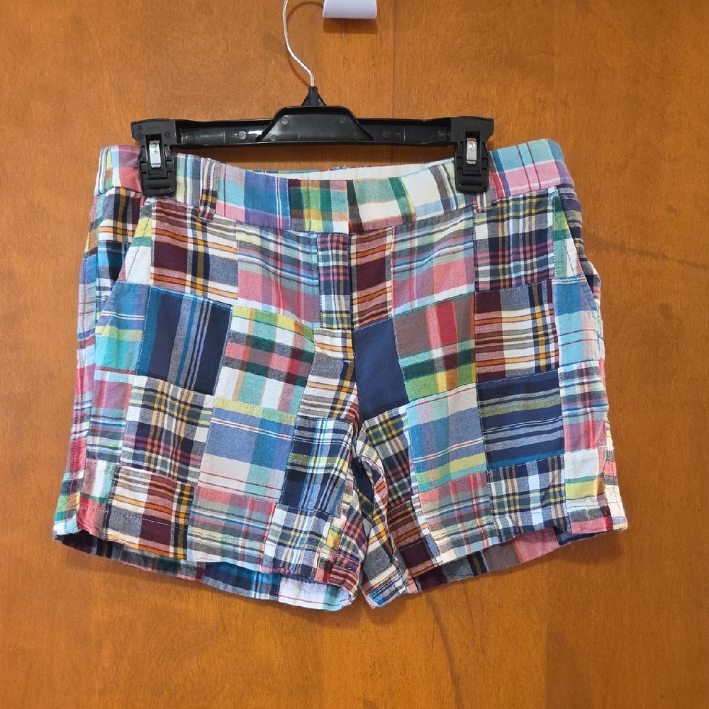 J. Crew Patchwork Plaid Cotton Shorts in Blue, Pink & Green 8